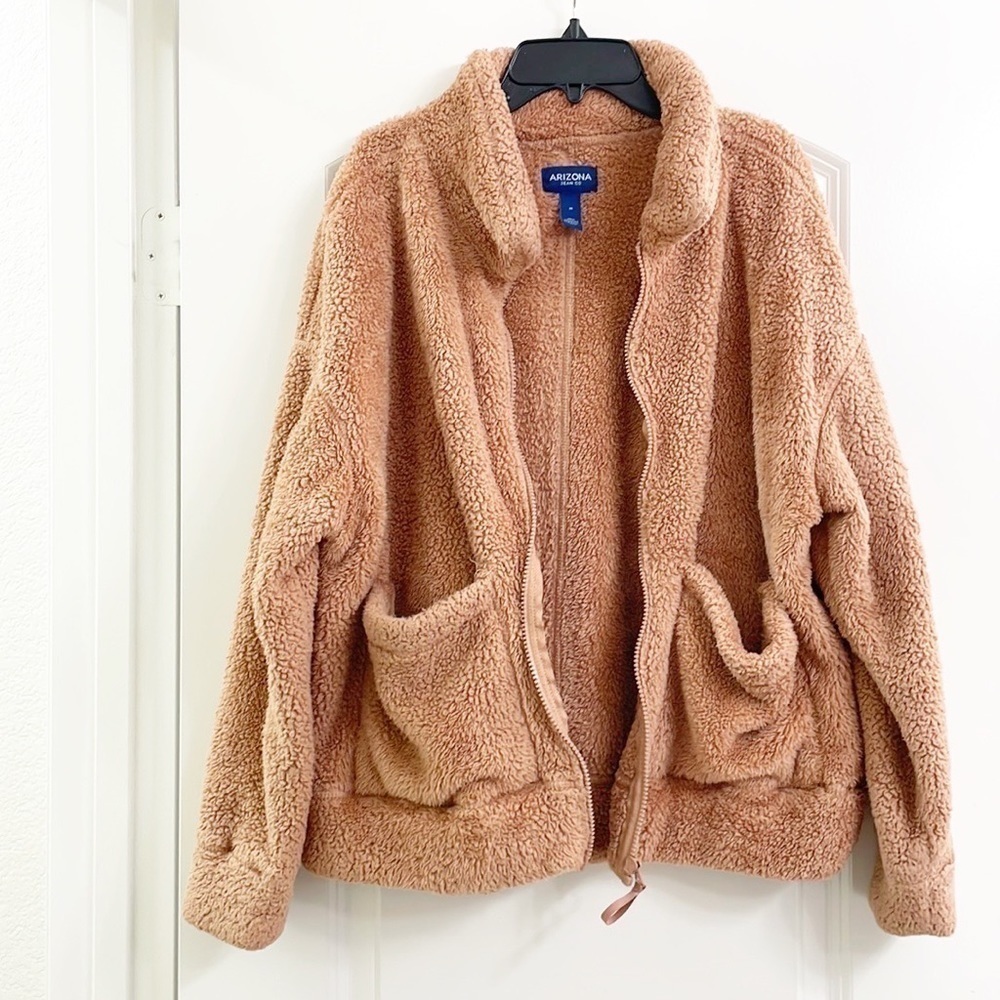 Arizona Jean Co peach fuzzy sherpa collar neck long sleeve zip up jacket